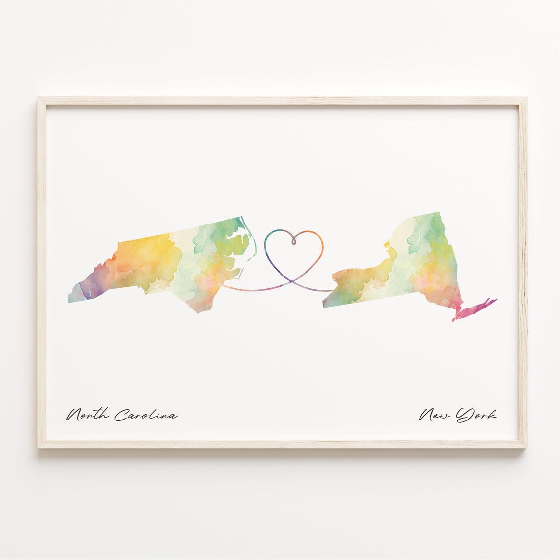 North Carolina To New York Watercolor Heart Map Long Distance Poster