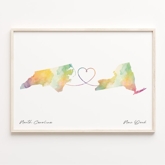 North Carolina To New York Watercolor Heart Map Long Distance Poster