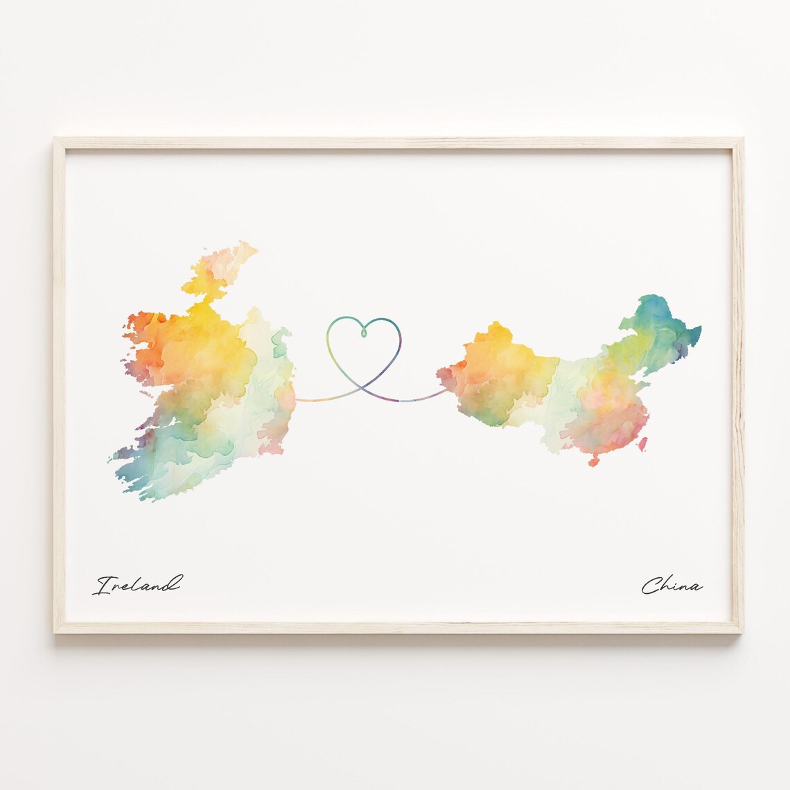 Ireland To China Watercolor Country Maps Heart Connection Line Wall Art