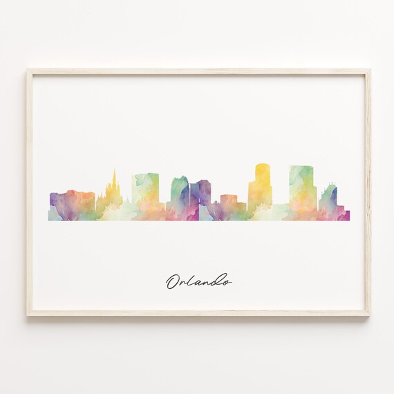 Orlando Florida Sunset Rainbow Watercolor City Skyline Poster