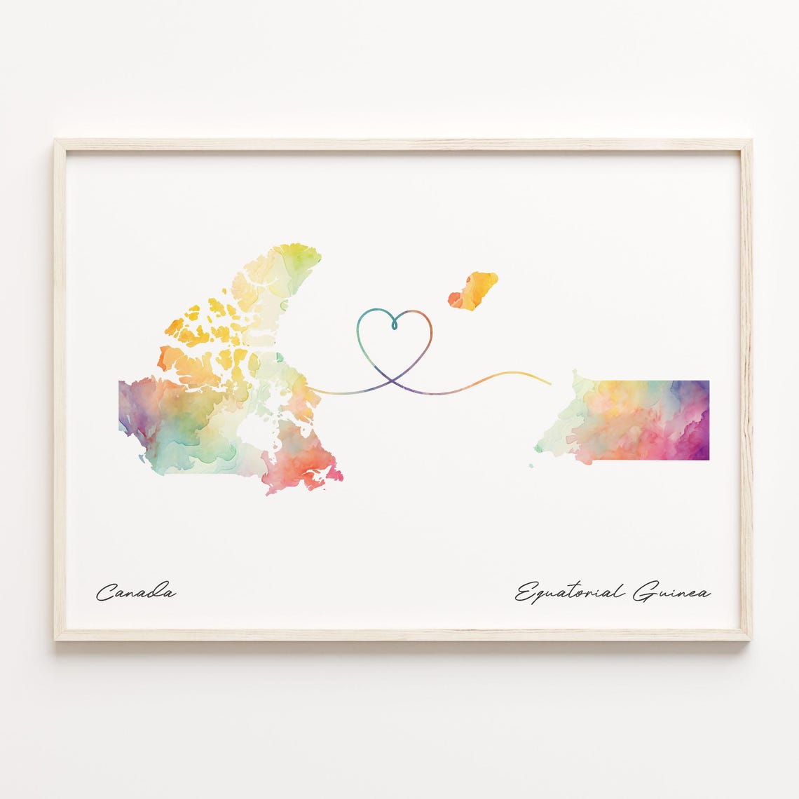 Canada To Equatorial Guinea Watercolor Heart Map Love Poster Gift