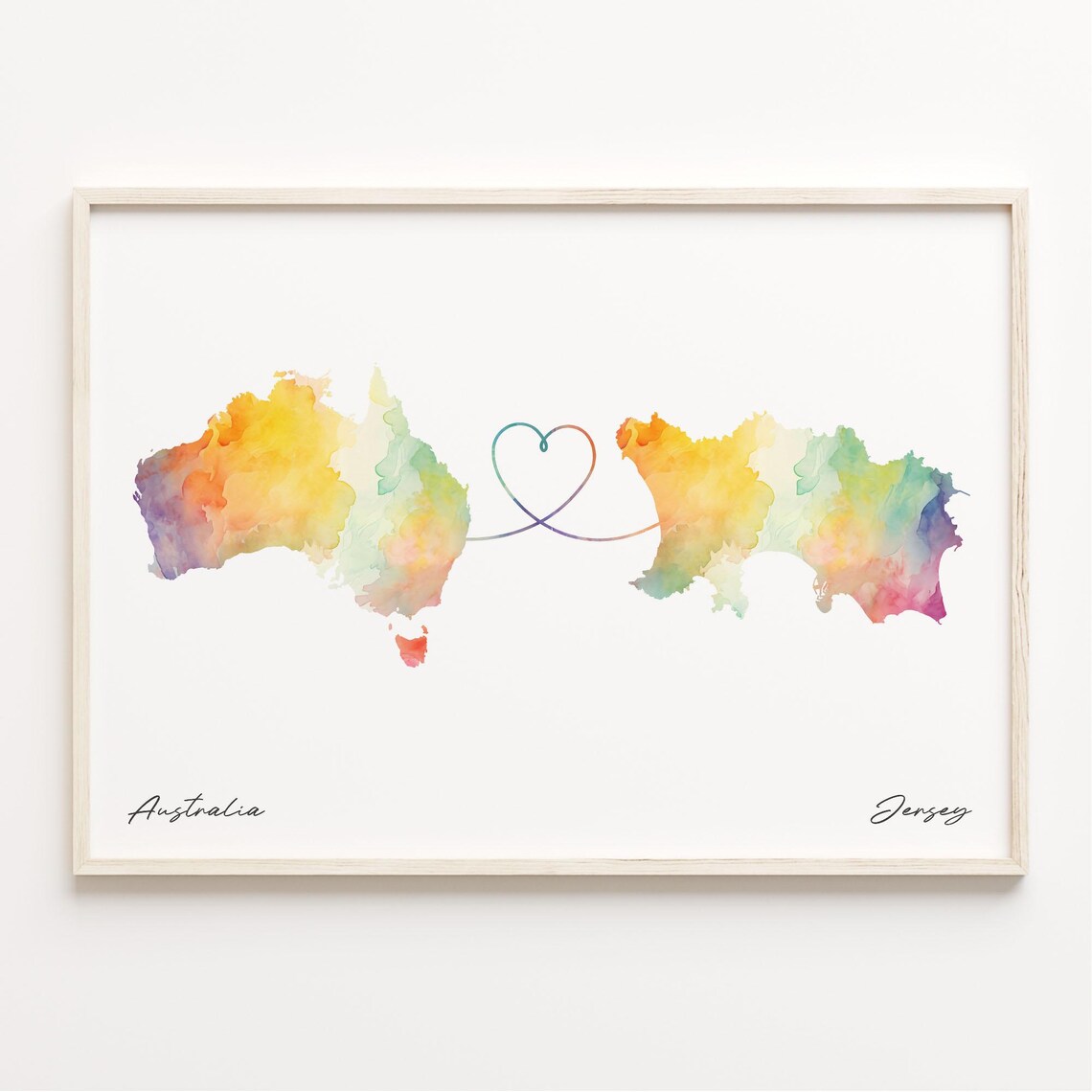 Australia To Jersey Romantic Watercolor Love Map Heart Connection Poster