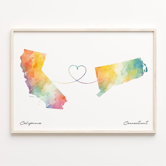 California To Connecticut Watercolor Heart Connection Map Poster