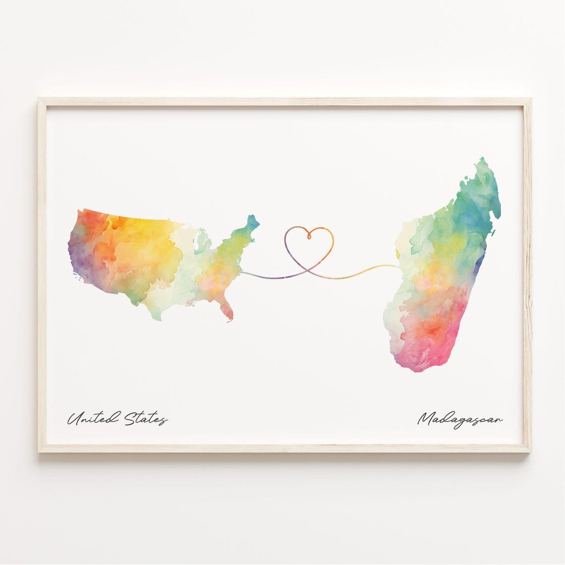 United States To Madagascar Watercolor Map Poster With Heart Love Gift