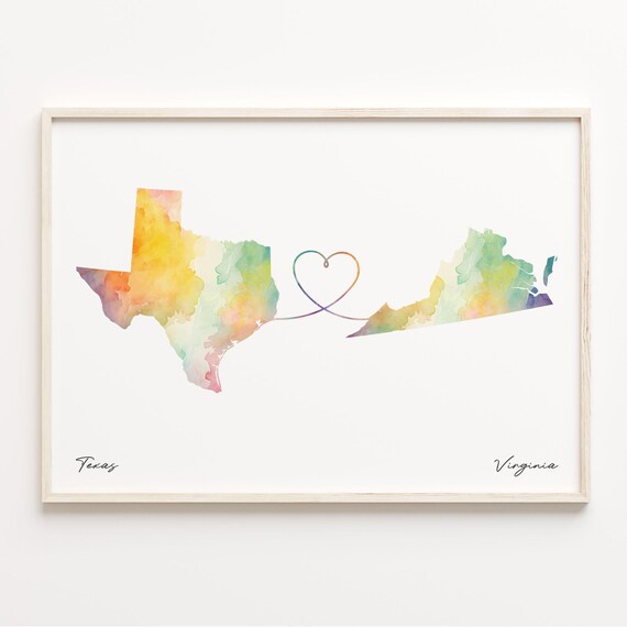 Texas To Virginia Watercolor Heart Map Long Distance Wall Art