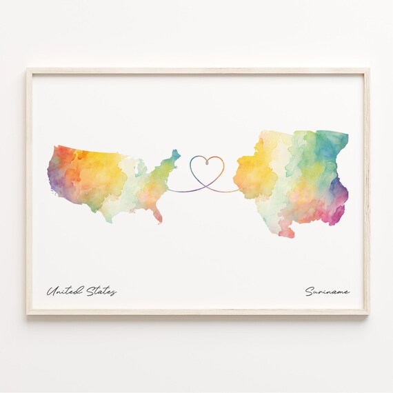 United States to Suriname Watercolor Map Heart Connection Poster