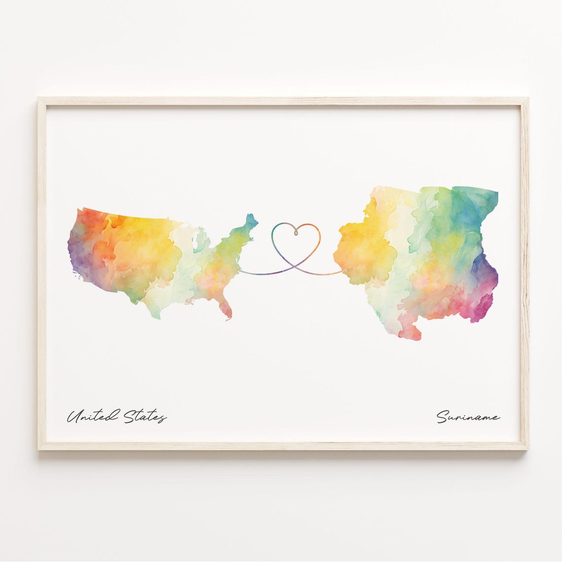 United States to Suriname Watercolor Map Heart Connection Poster