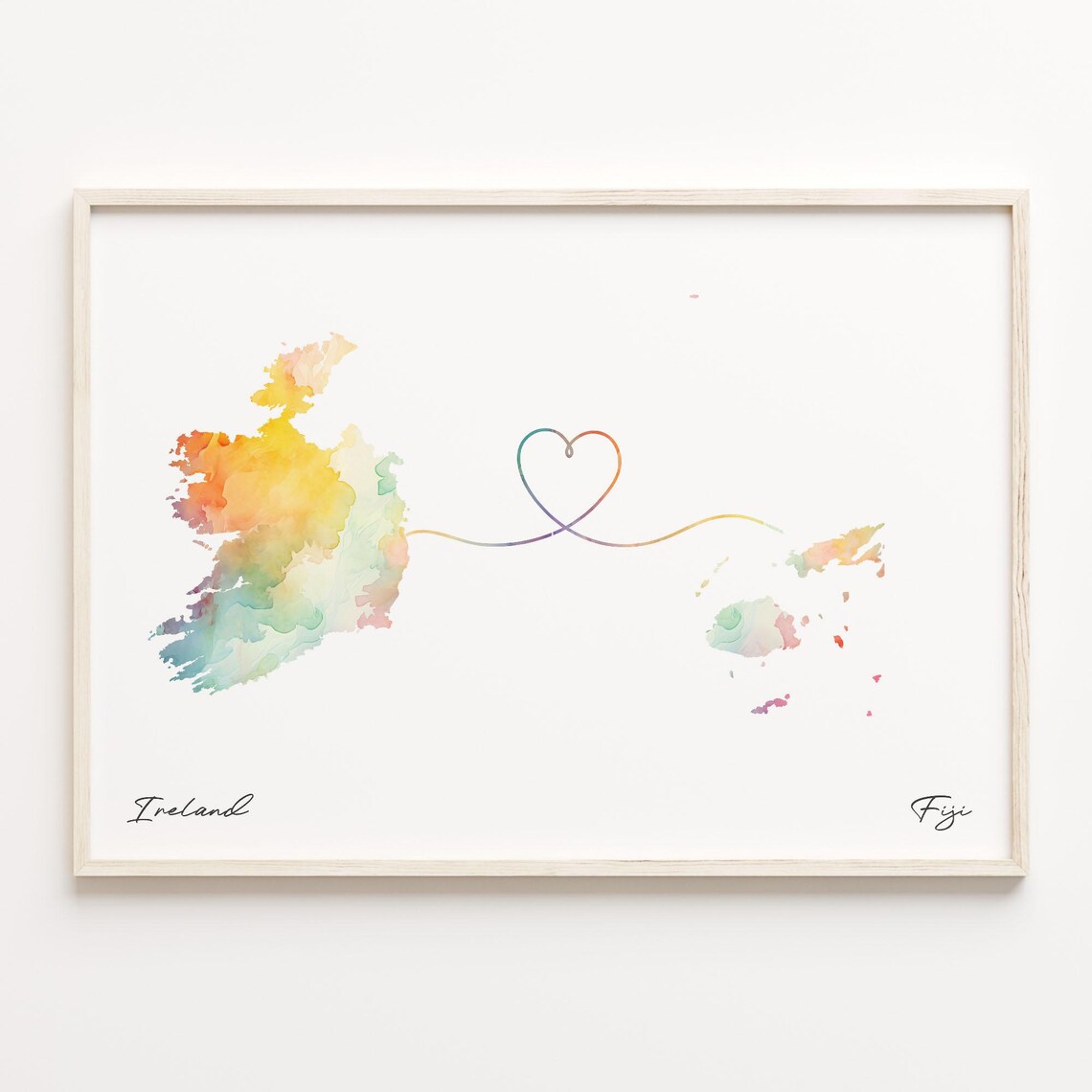 Ireland to Fiji Watercolor Heart Map Long Distance Love Poster