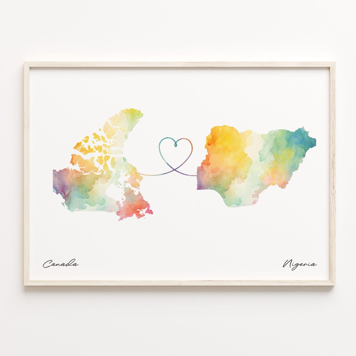 Canada To Nigeria Watercolor Heart Map Connection Travel Wall Poster