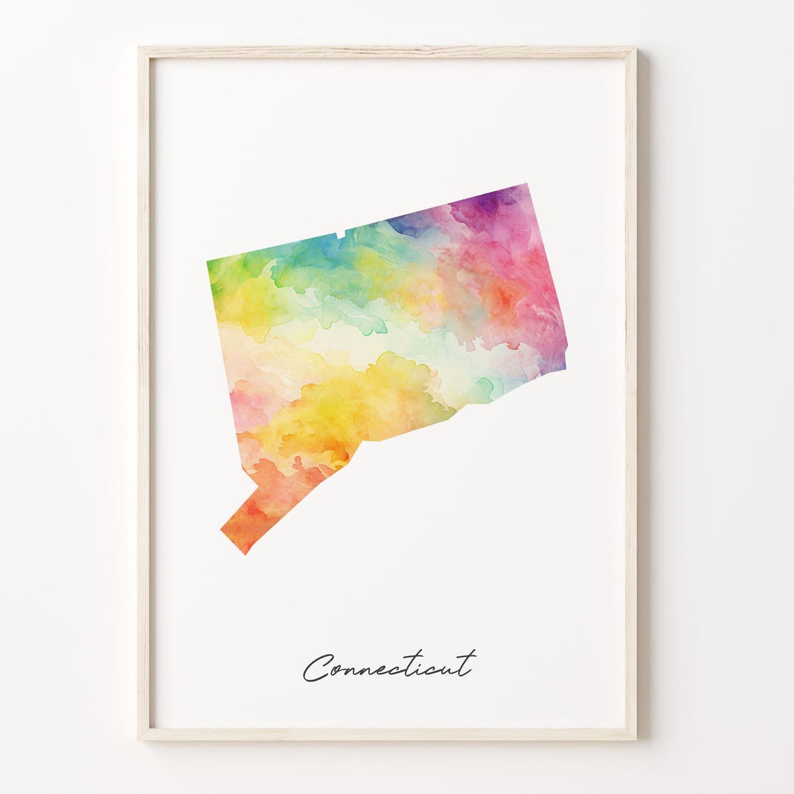 Connecticut Watercolor State Map Rainbow Wash Script Title Poster