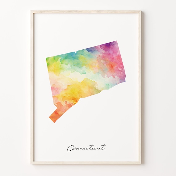 Connecticut Watercolor State Map Rainbow Wash Script Title Poster