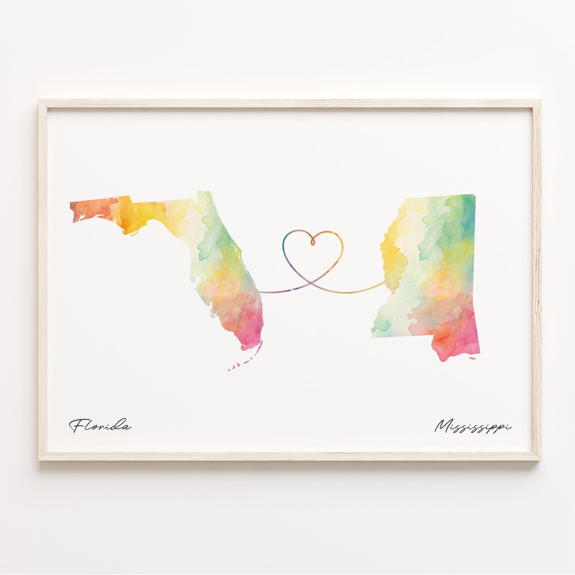 Florida to Mississippi Watercolor Heart Map Long Distance Gift Poster