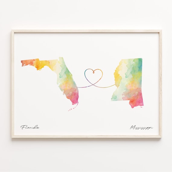 Florida to Mississippi Watercolor Heart Map Long Distance Gift Poster