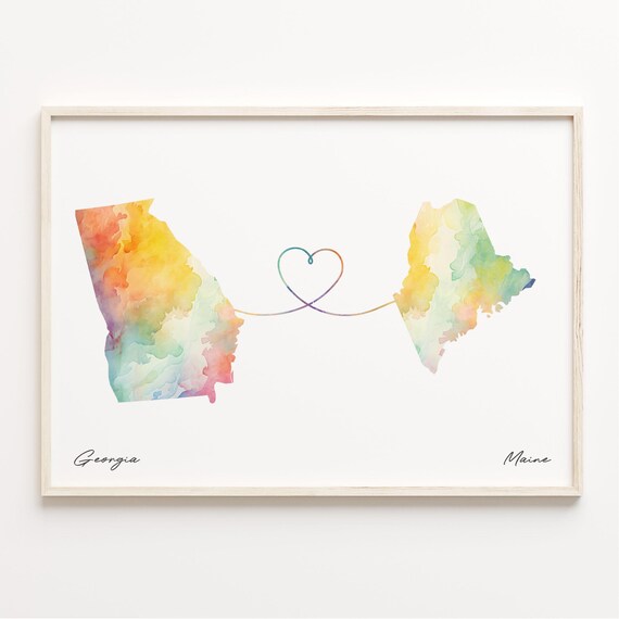 Georgia To Maine Long Distance Watercolor Map Heart Art Print