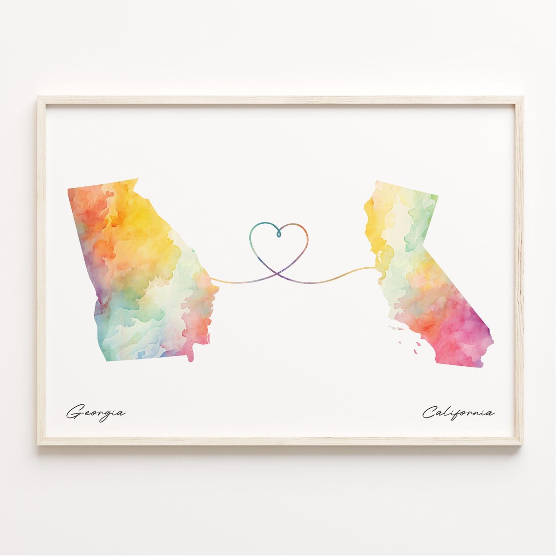 Georgia To California Watercolor Map Heart Connection Long Distance Love Print