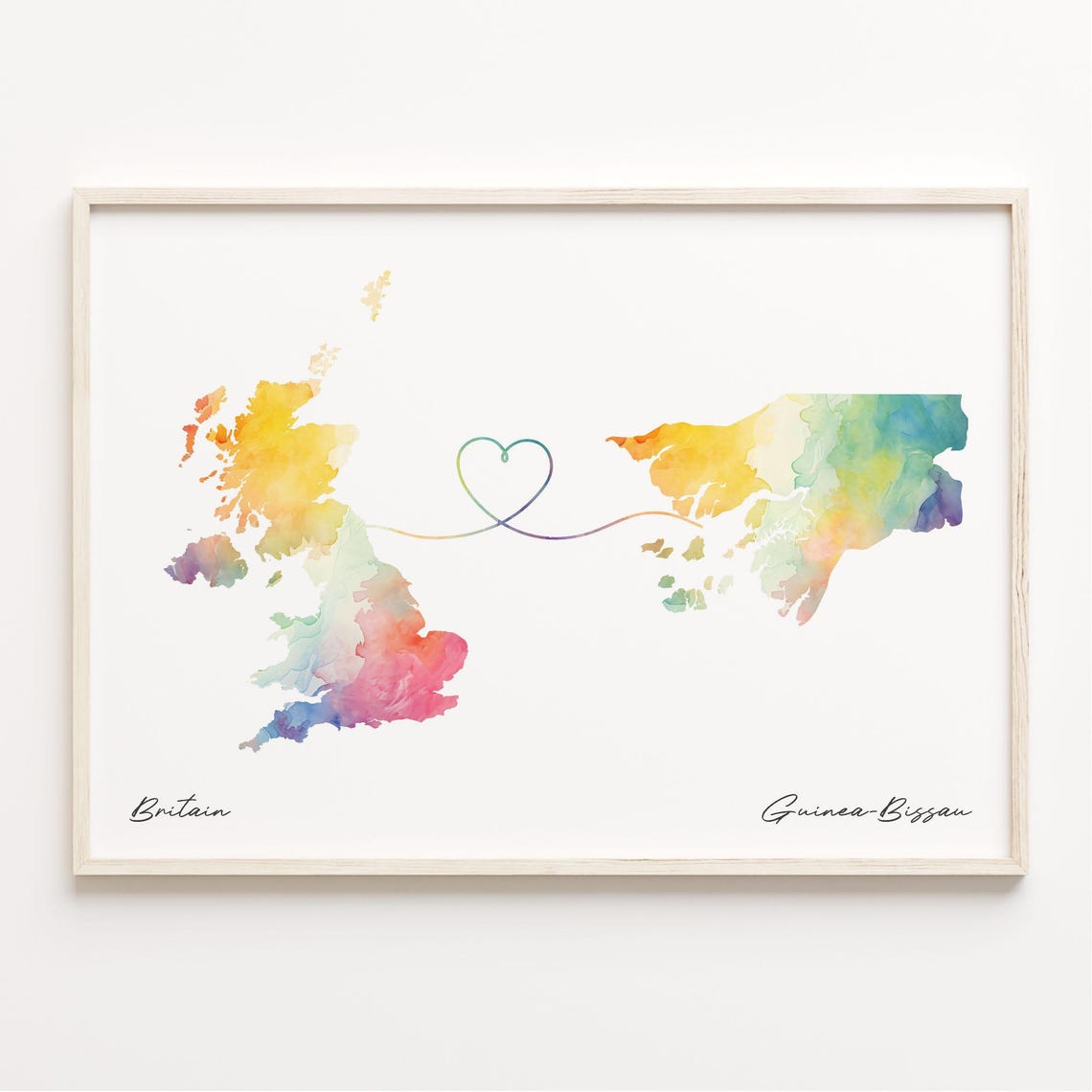 Britain To Guinea Bissau Watercolor Map Heart Connection Art Poster