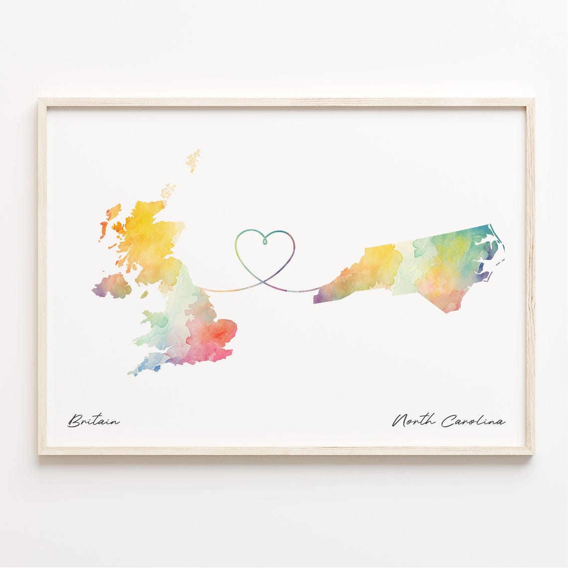 Britain To North Carolina Watercolor Map Heart Connection Poster
