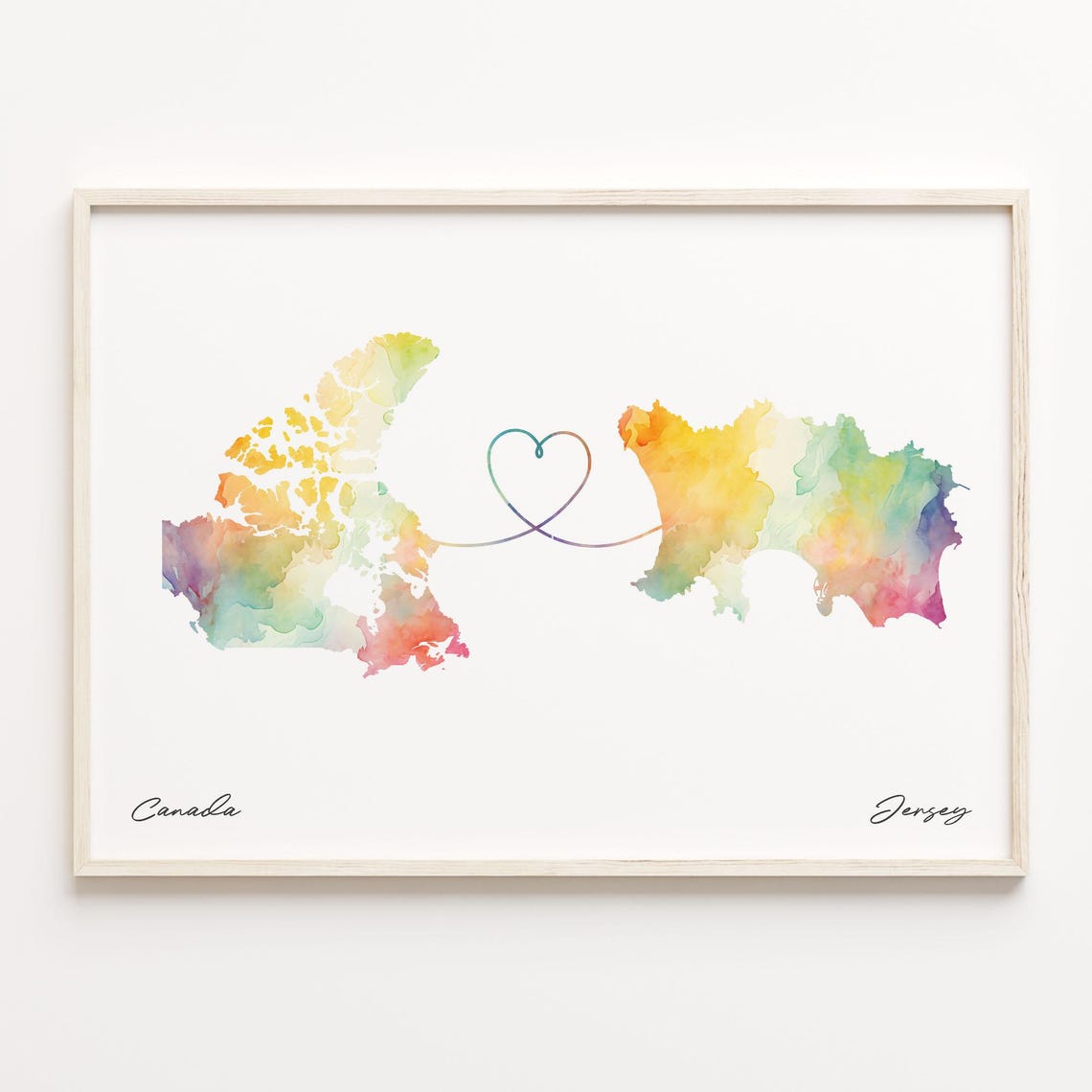 Canada to Jersey Watercolor Heart Connection Map Keepsake Poster