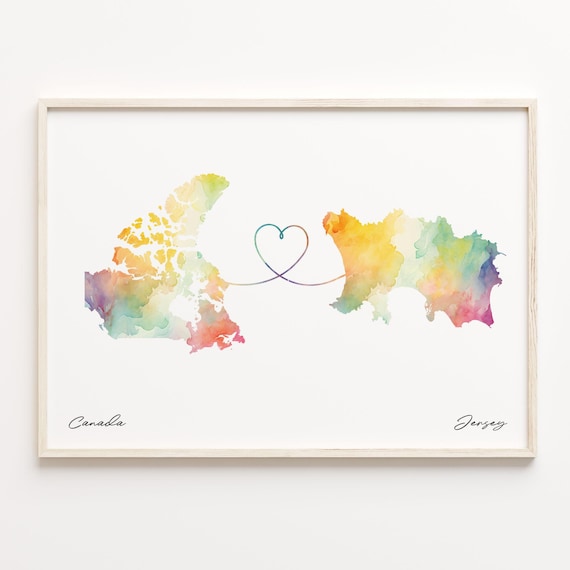 Canada to Jersey Watercolor Heart Connection Map Keepsake Poster