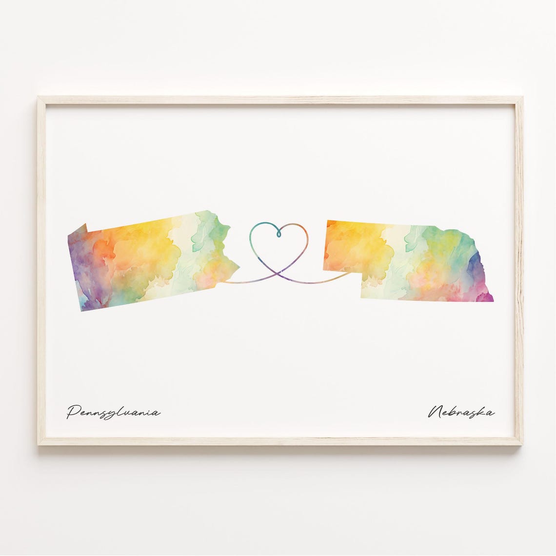 Pennsylvania to Nebraska Watercolor Map Heart Connection Art Poster