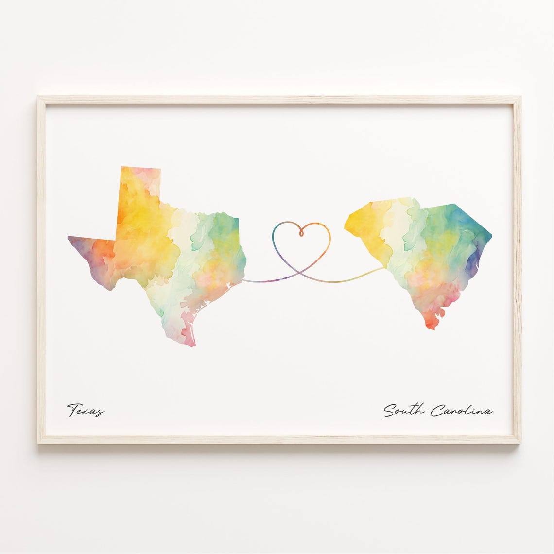 Texas to South Carolina Watercolor Map Heart Connection Poster
