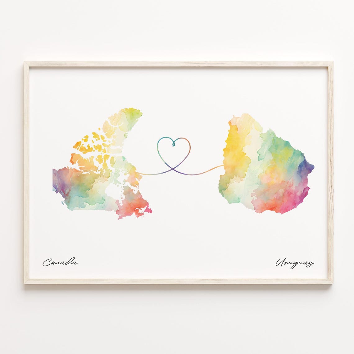 Canada to Uruguay Watercolor Heart Map Long Distance Art Poster