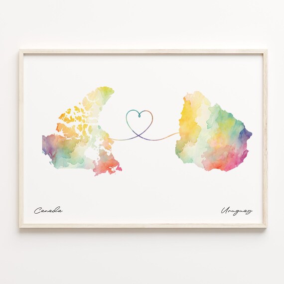 Canada to Uruguay Watercolor Heart Map Long Distance Art Poster