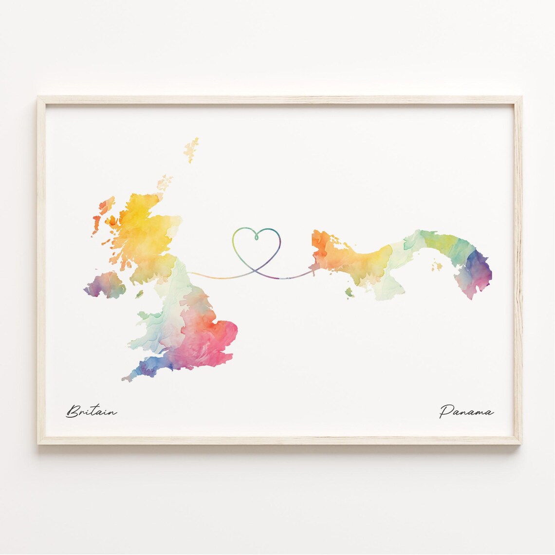 Britain to Panama Watercolor Map Love Heart Connection Art Poster