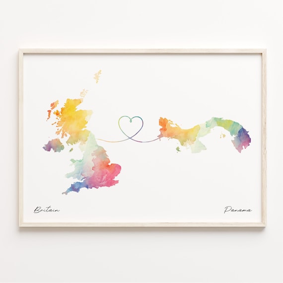 Britain to Panama Watercolor Map Love Heart Connection Art Poster