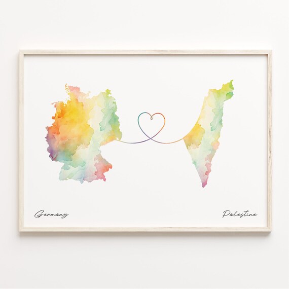 Germany To Palestine Watercolor Heart Map Love Connection Poster