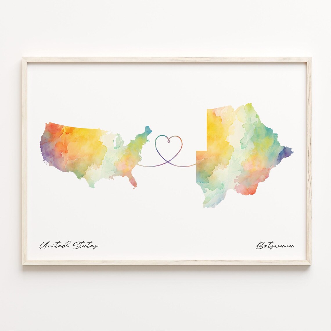 United States Botswana Watercolor Map Heart Connection Wall Art