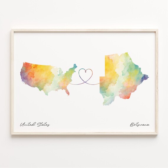United States Botswana Watercolor Map Heart Connection Wall Art