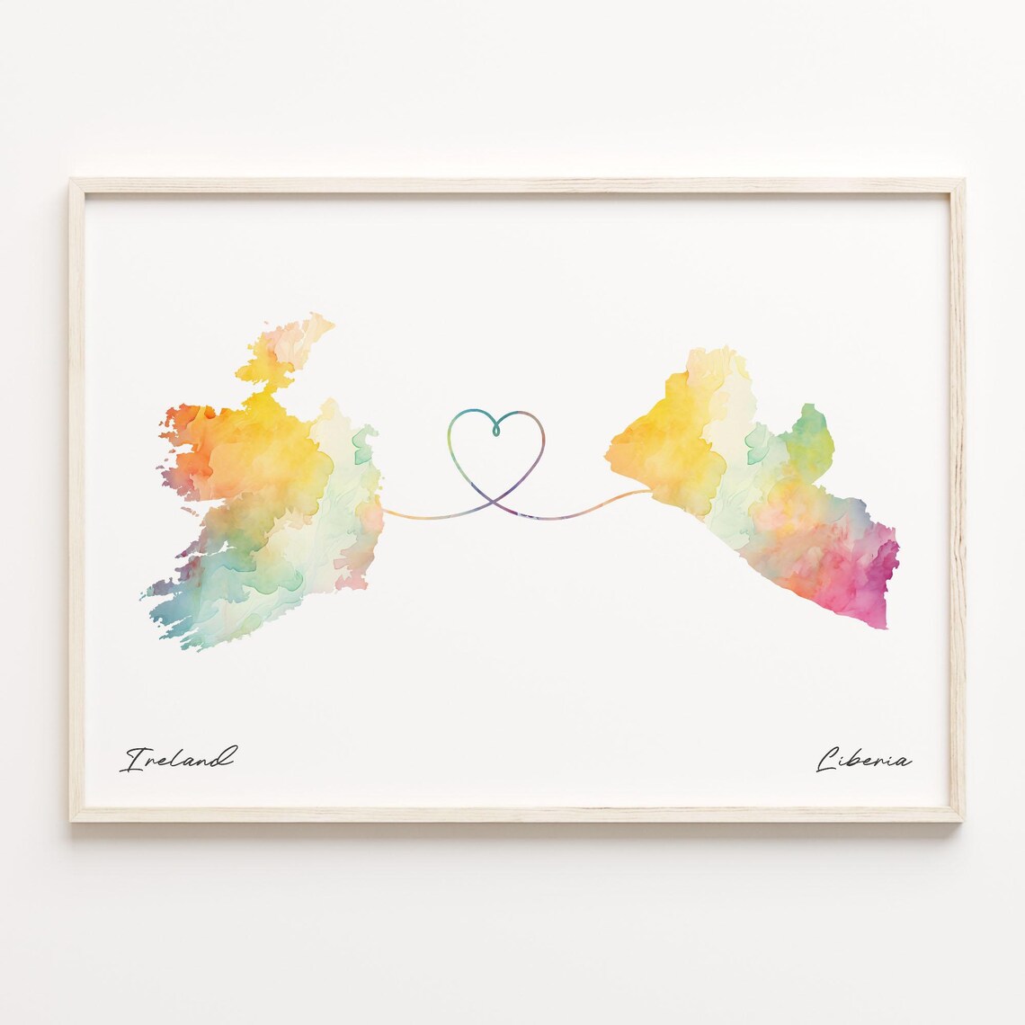Romantic Ireland And Liberia Watercolor Map Heart Ribbon Art Poster