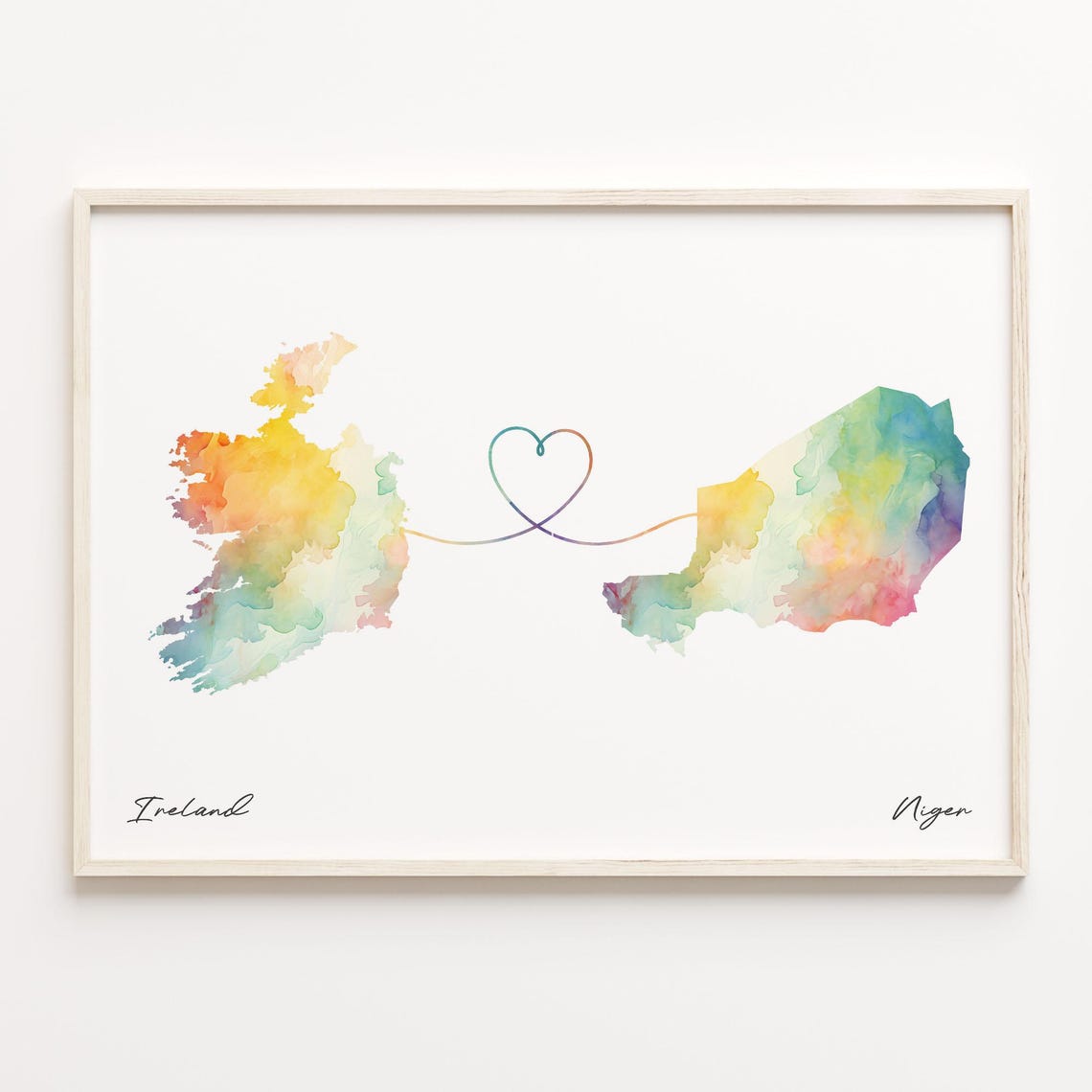 Ireland to Niger Watercolor Heart Map Love Connection Poster