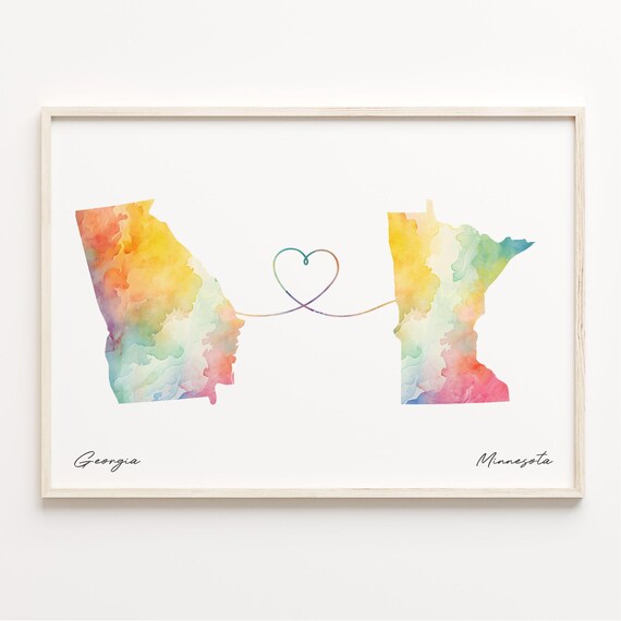 Georgia To Minnesota Watercolor Heart Map Long Distance Poster