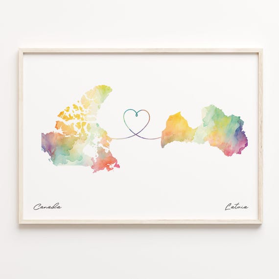 Canada to Latvia Watercolor Map Art Print