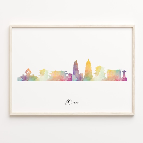 Xian China Watercolor Pagoda Skyline Cityscape Travel Poster
