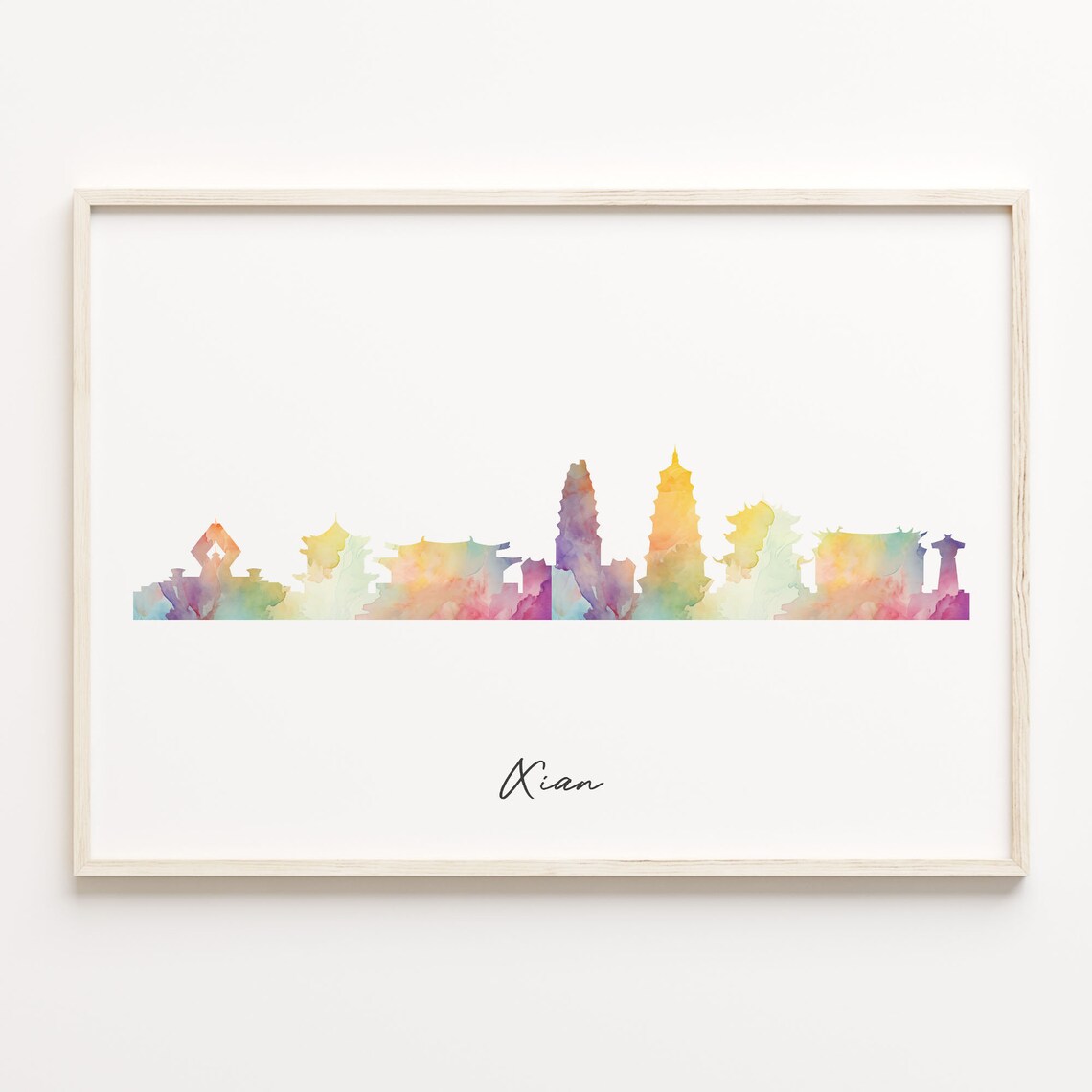 Xian China Watercolor Pagoda Skyline Cityscape Travel Poster