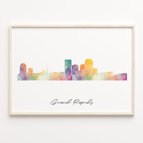 Grand Rapids Watercolor Cityscape Skyline USA Travel Poster Art Decor