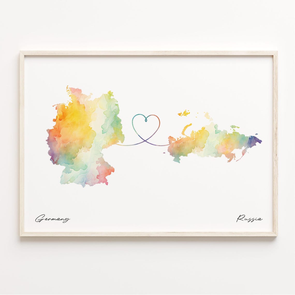 Germany to Russia Watercolor Map Poster with Heart Connection