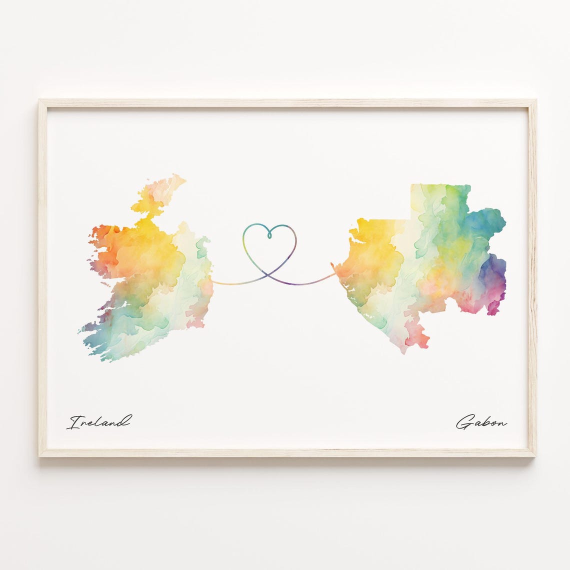 Ireland and Gabon Watercolor Heart Map Connection Gift Poster