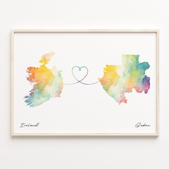 Ireland and Gabon Watercolor Heart Map Connection Gift Poster