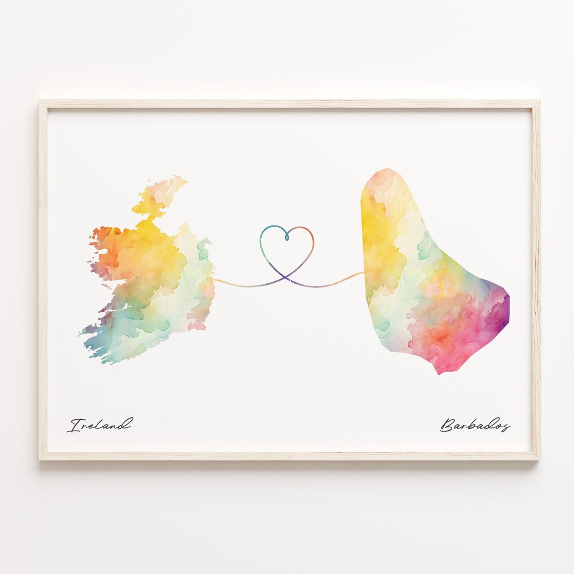 Ireland to Barbados Watercolor Map Heart Connection Travel Poster