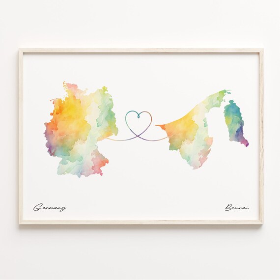 Germany To Brunei Watercolor Heart Map Long Distance Love Poster