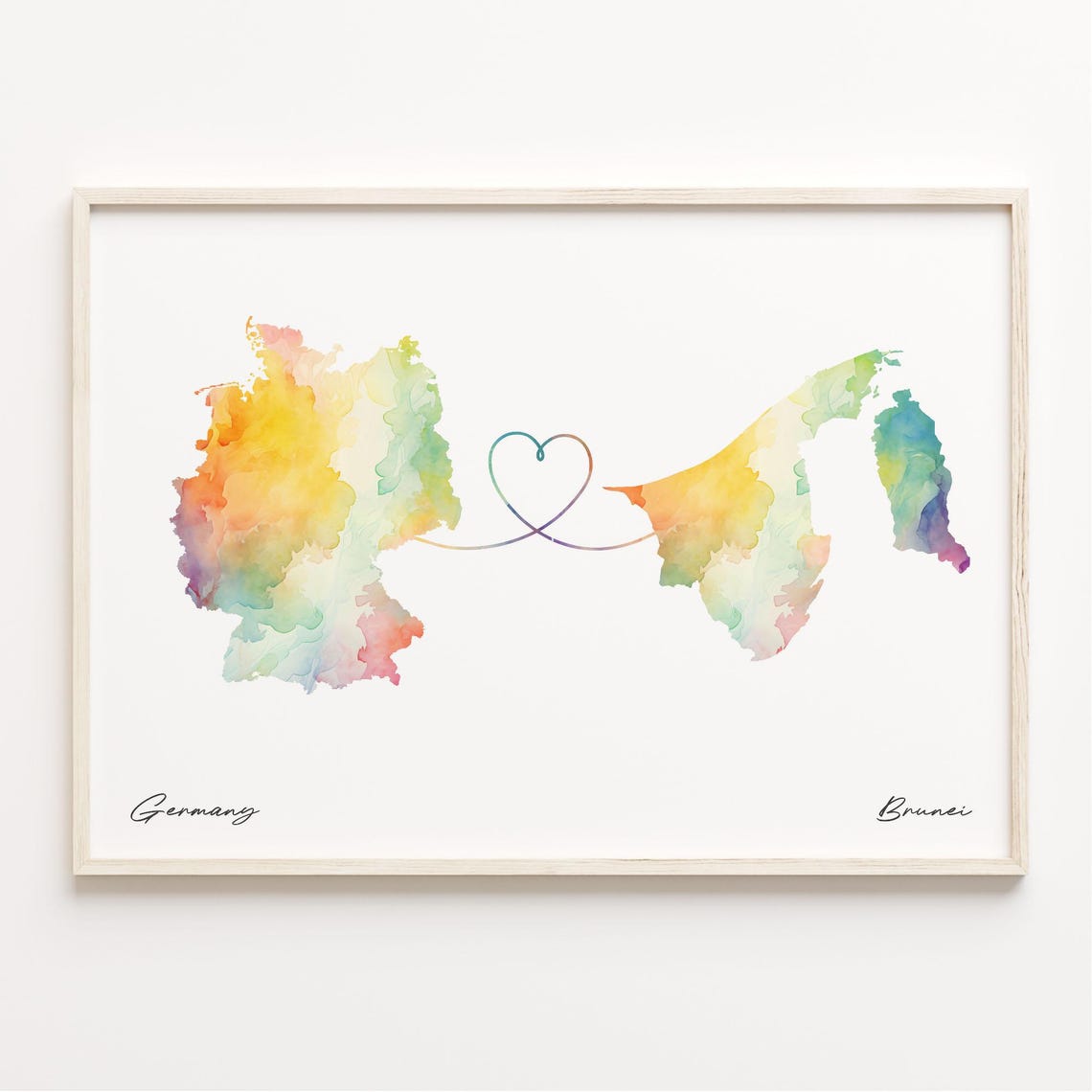 Germany To Brunei Watercolor Heart Map Long Distance Love Poster