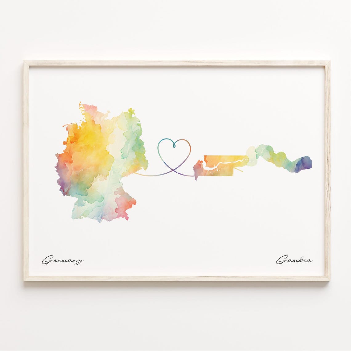 Germany to Gambia Romantic Watercolor Map Heart Connection Poster
