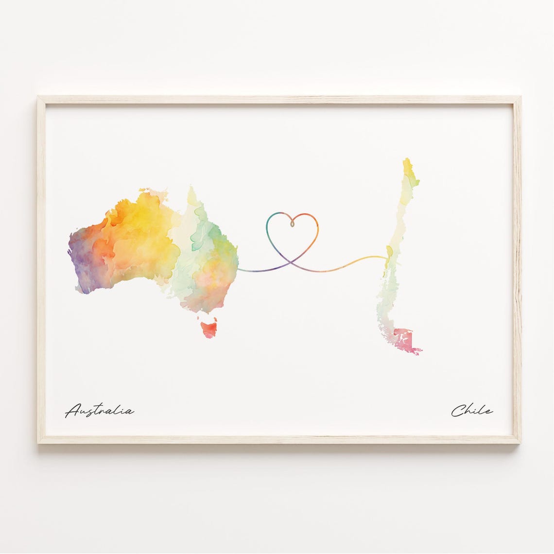 Australia to Chile Watercolor Map Heart Connection Art Poster