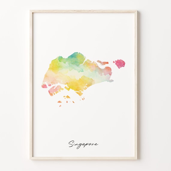 Singapore Watercolor Country Map Rainbow Wash Script Title Poster