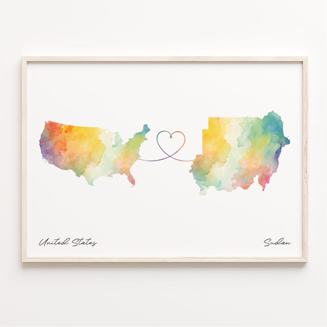United States to Sudan Watercolor Map Heart Connection Poster