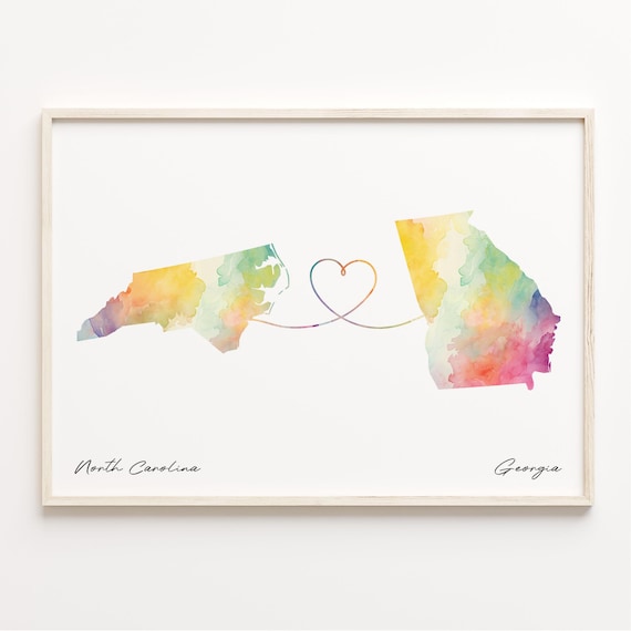 North Carolina To Georgia Watercolor Map Heart Sweet Love Poster